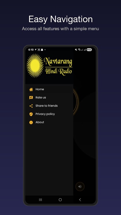 Android radio app navigation menu, app design by Orbiting Apps Sydney for Navtarang Radio
