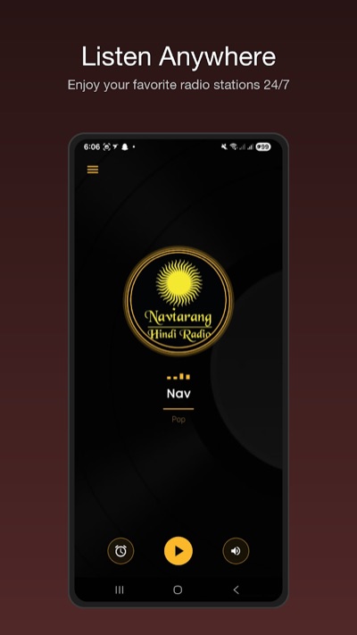 Android live radio streaming app player screen, developed by Orbiting Apps Sydney for Navtarang Radio