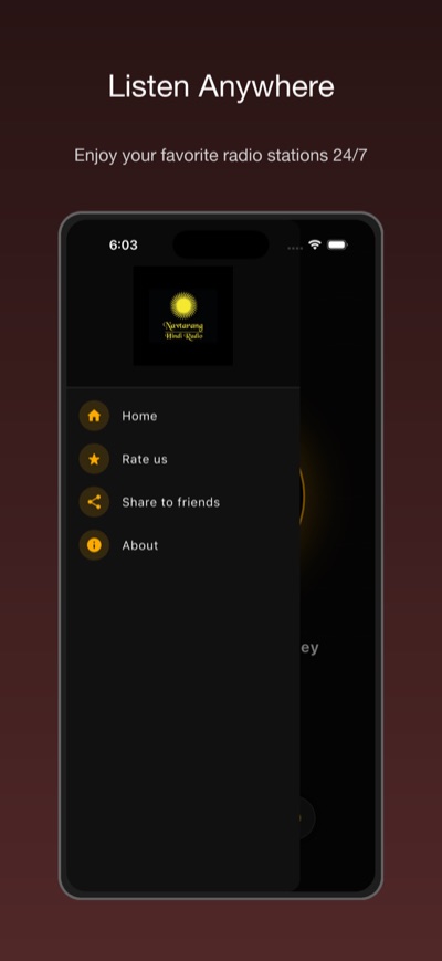 iPhone radio app navigation menu, iOS app design by Orbiting Apps Sydney for Navtarang Radio
