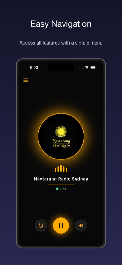 iPhone live radio streaming app player screen, iOS app developed by Orbiting Apps Sydney for Navtarang Radio