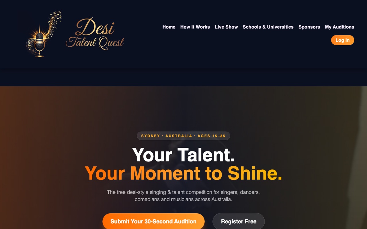 Talent competition website with online registration and audition uploads, developed by Orbiting Apps Sydney for Desi Talent Quest