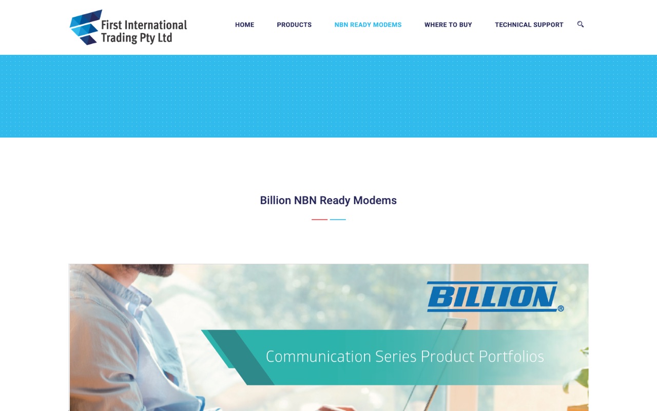 Product page for NBN-ready modems on an ecommerce website by Orbiting Apps Sydney for First International Trading