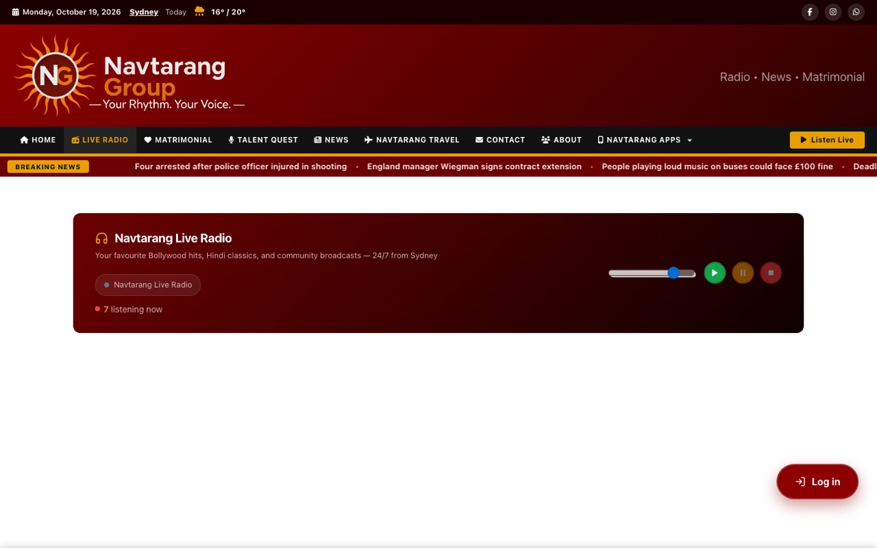 Custom live radio web player application developed by Orbiting Apps Sydney for Navtarang Radio