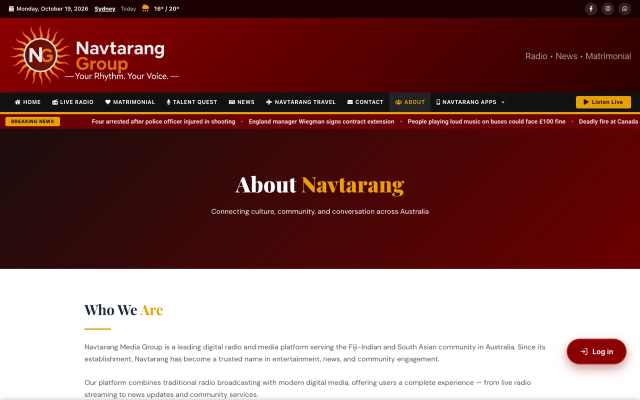 Community news and radio website designed and developed by Orbiting Apps Sydney for Navtarang Group